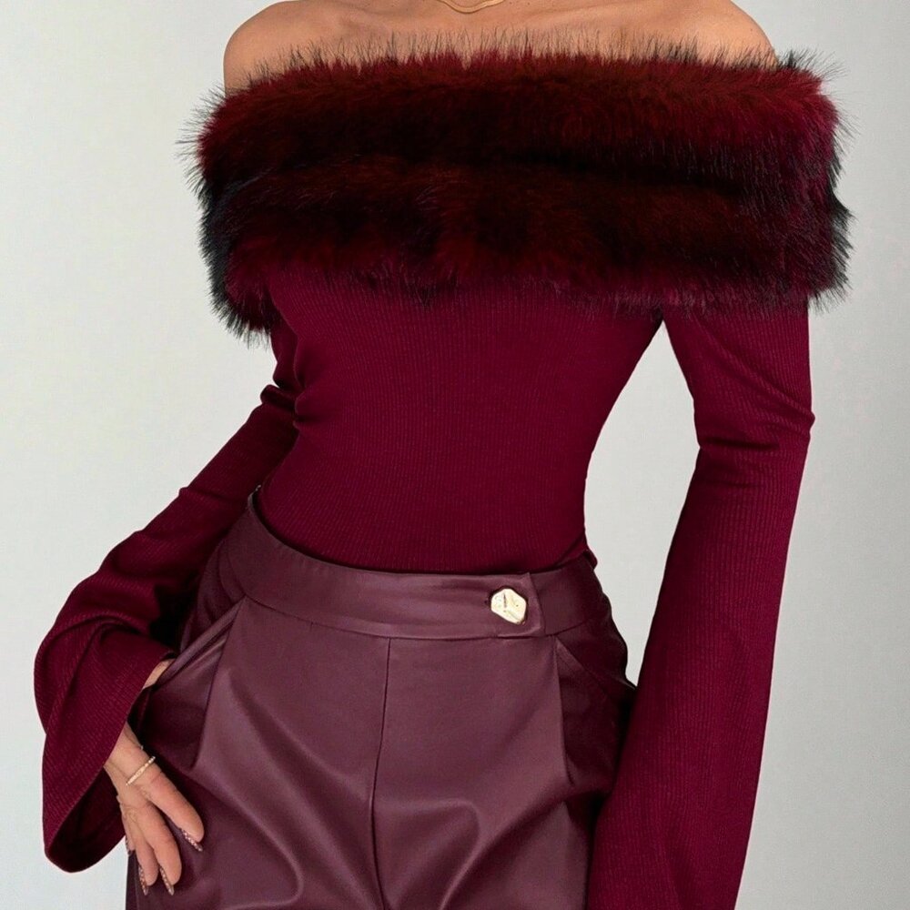 Burgundy Elegant Women's Faux Fur Off Shoulder Top - Picture 4 of 4
